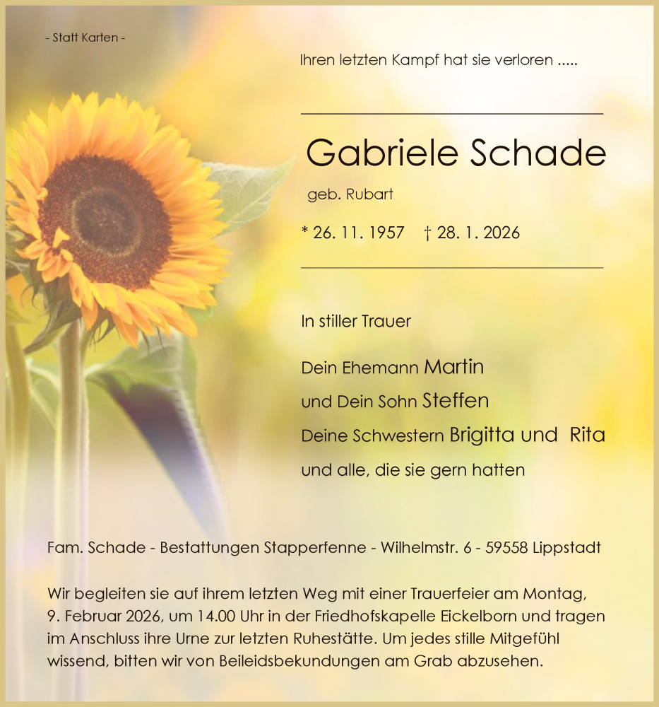  Traueranzeige für Gabriele Schade vom 31.01.2026 aus HASO