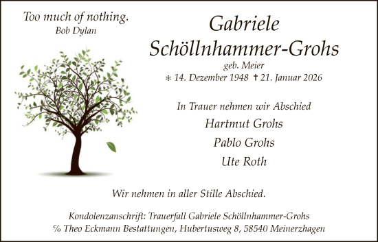 Traueranzeige von Gabriele Schöllnhammer-Grohs von HALN