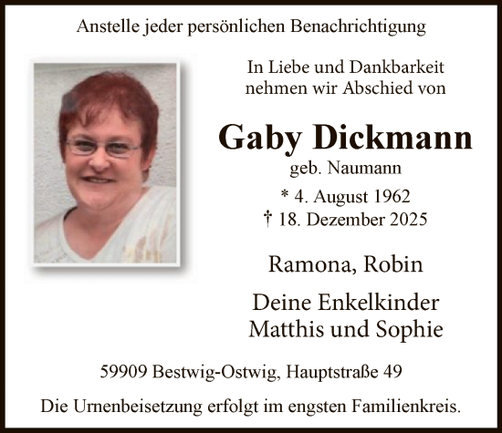 Traueranzeige von Gaby Dickmann von HASK
