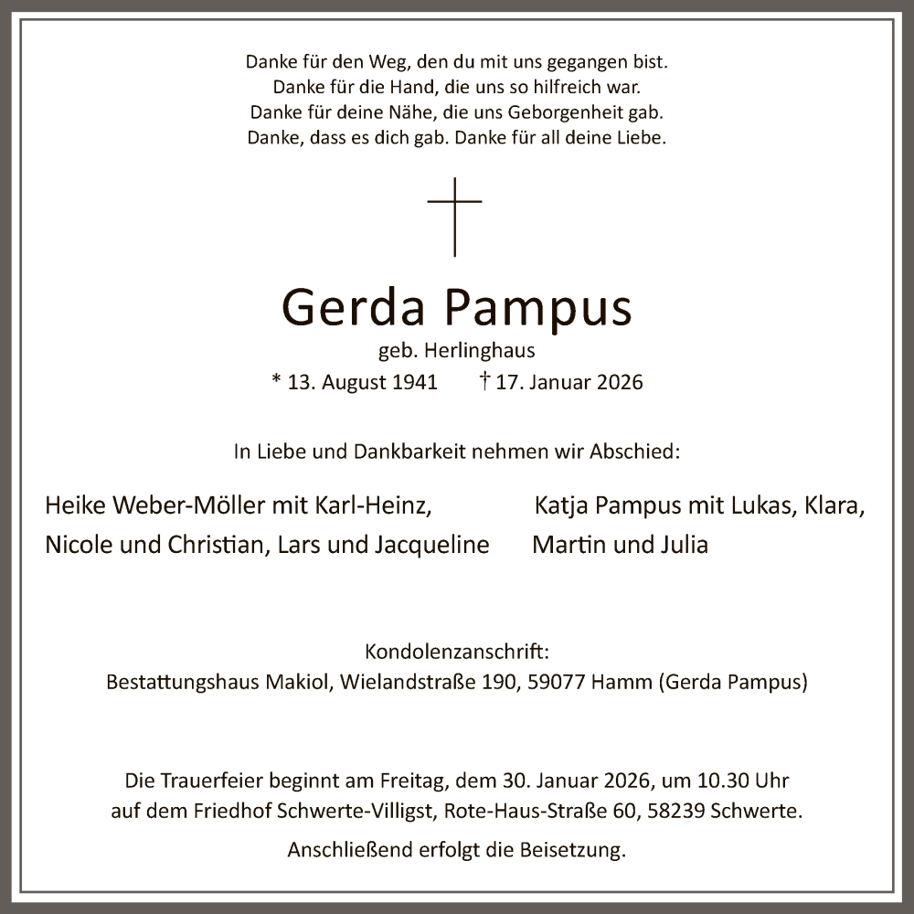 Traueranzeige für Gerda Pampus vom 24.01.2026 aus HAWA