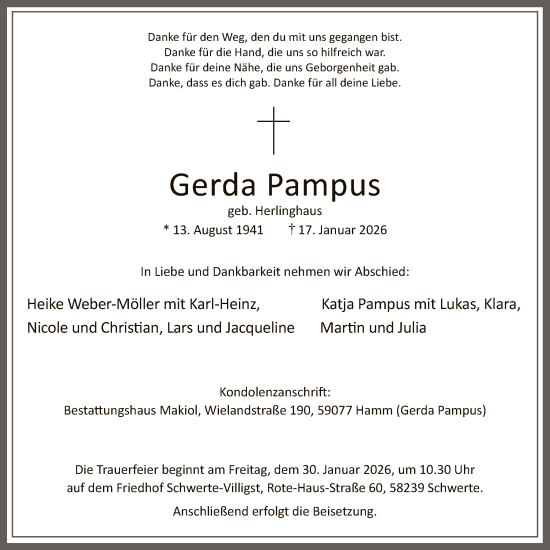 Traueranzeige von Gerda Pampus von HAWA