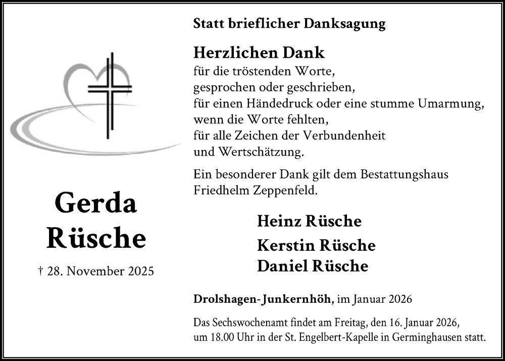  Traueranzeige für Gerda Rüsche vom 10.01.2026 aus HASK