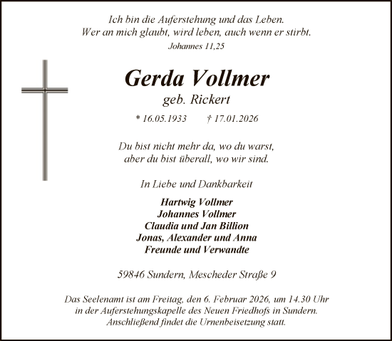 Traueranzeige von Gerda Vollmer von HASK