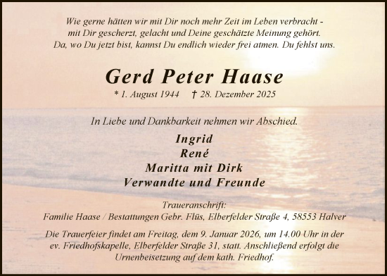 Traueranzeige von Gerd Peter Haase von HALN
