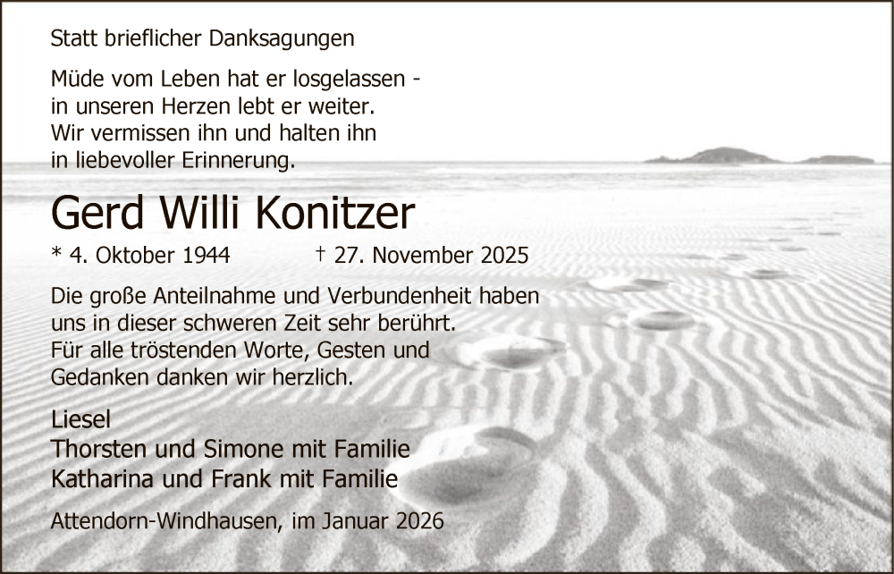  Traueranzeige für Gerd Willi Konitzer vom 10.01.2026 aus HASKHALN