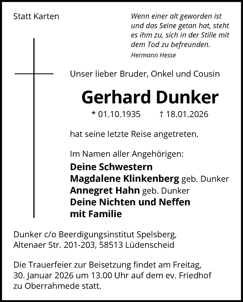  Traueranzeige für Gerhard Dunker vom 24.01.2026 aus HALN