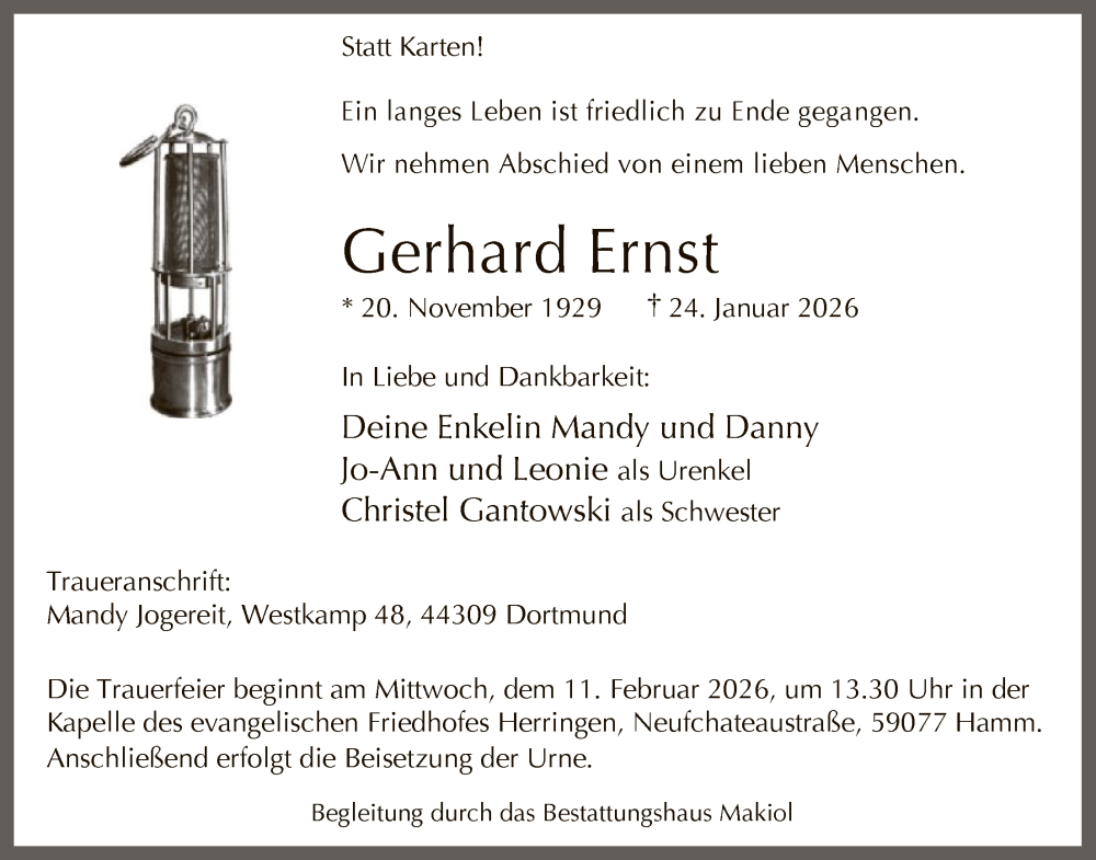  Traueranzeige für Gerhard Ernst vom 31.01.2026 aus HAWA