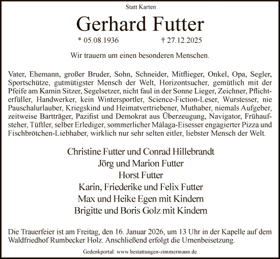 Traueranzeige von Gerhard Futter von HASO