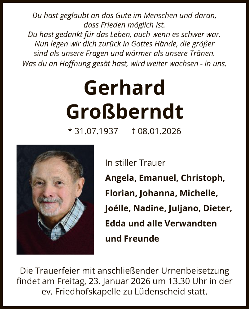  Traueranzeige für Gerhard Großberndt vom 17.01.2026 aus HALN