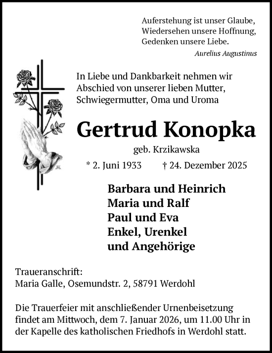 Traueranzeige von Gertrud Konopka von HALN