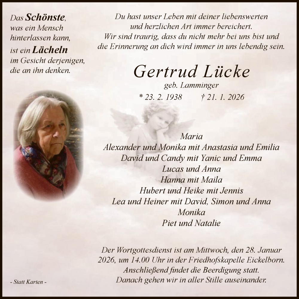  Traueranzeige für Gertrud Lücke vom 26.01.2026 aus HASO