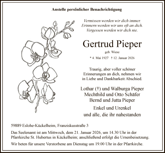 Traueranzeige von Gertrud Pieper von HASK