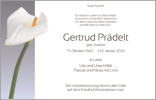 Traueranzeige von Gertrud Prädelt von HAWA