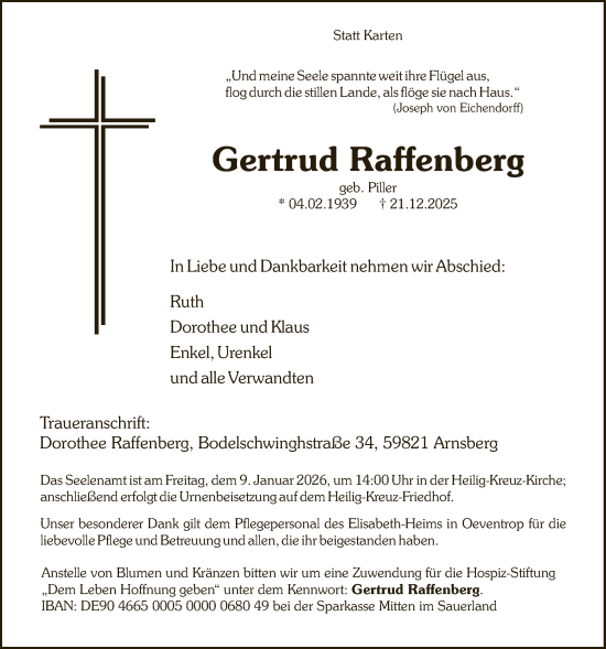 Traueranzeige von Gertrud Raffenberg von HASK
