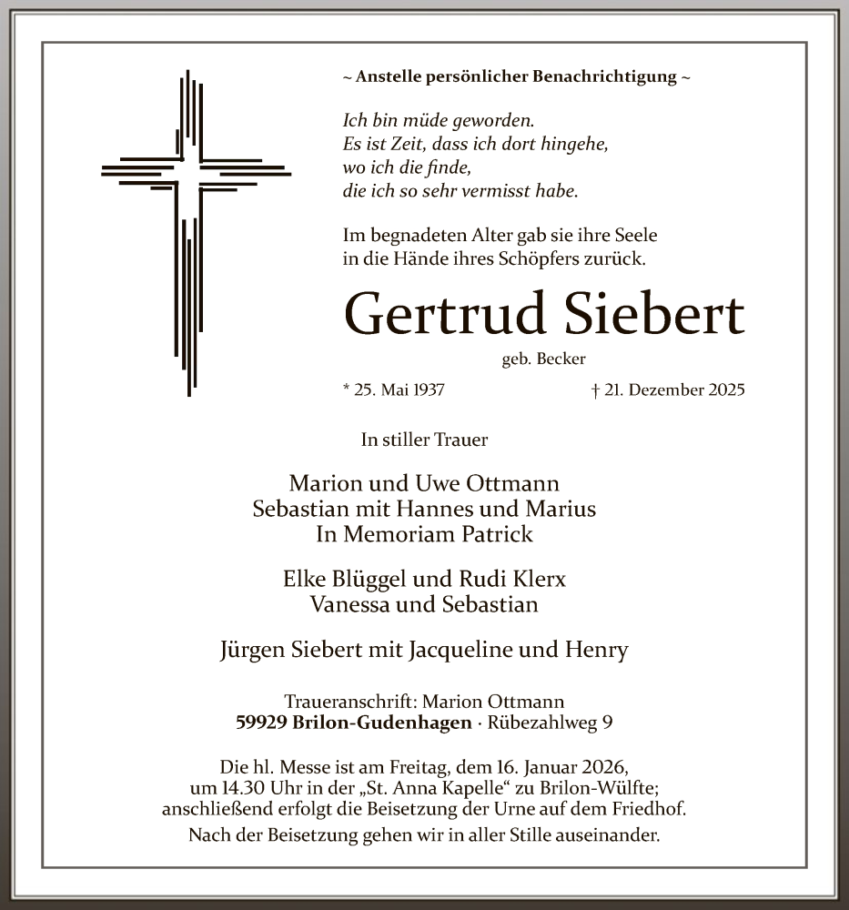  Traueranzeige für Gertrud Siebert vom 10.01.2026 aus HASK