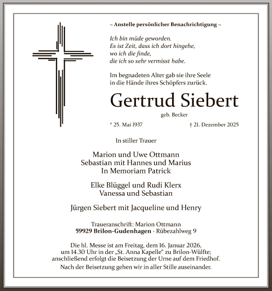 Traueranzeige von Gertrud Siebert von HASK