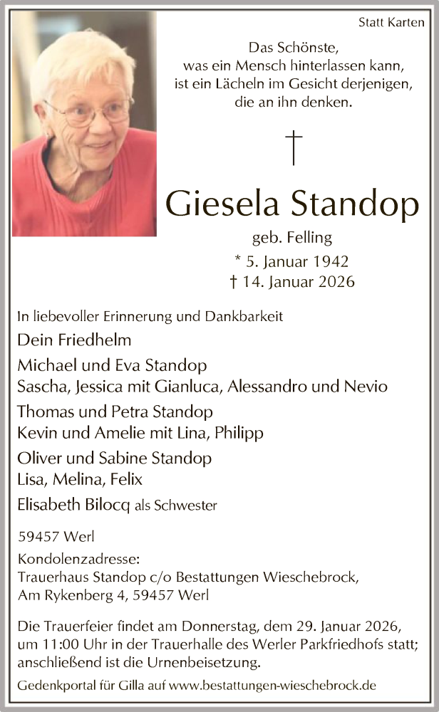  Traueranzeige für Giesela Standop vom 24.01.2026 aus HASO