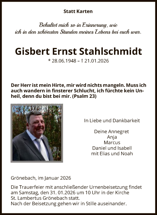 Traueranzeige von Gisbert Ernst Stahlschmidt von HASK