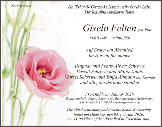 Traueranzeige von Gisela Felten von HASK