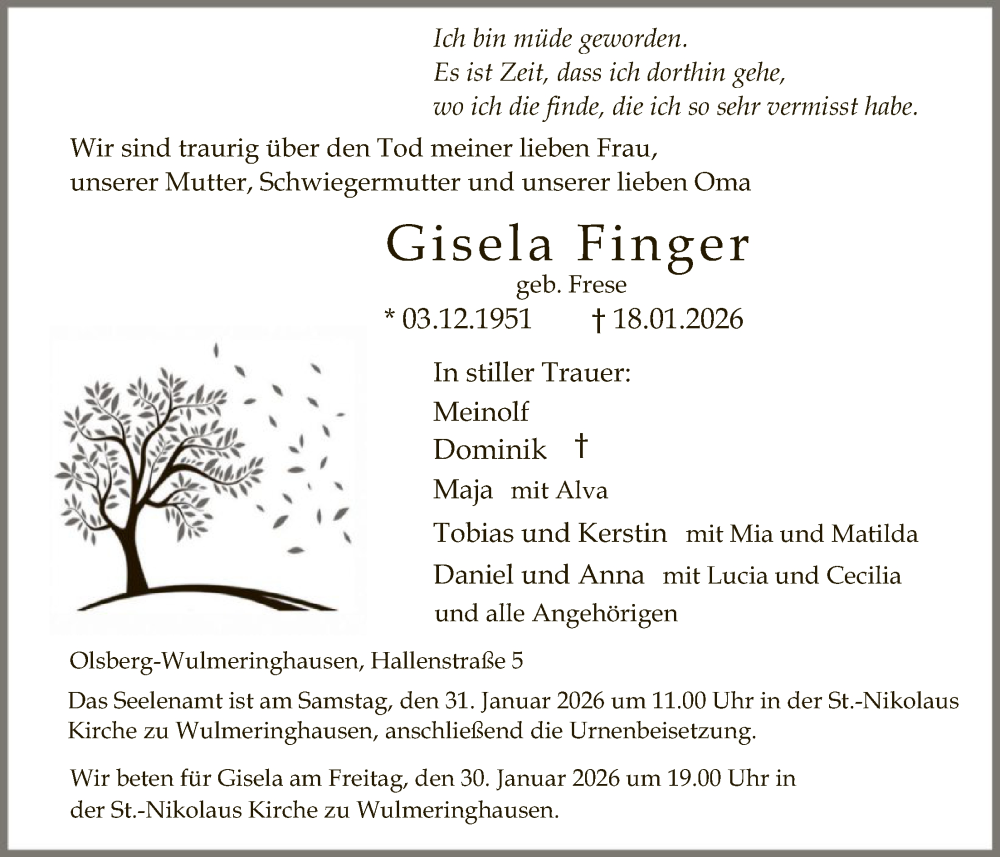  Traueranzeige für Gisela Finger vom 24.01.2026 aus HASK