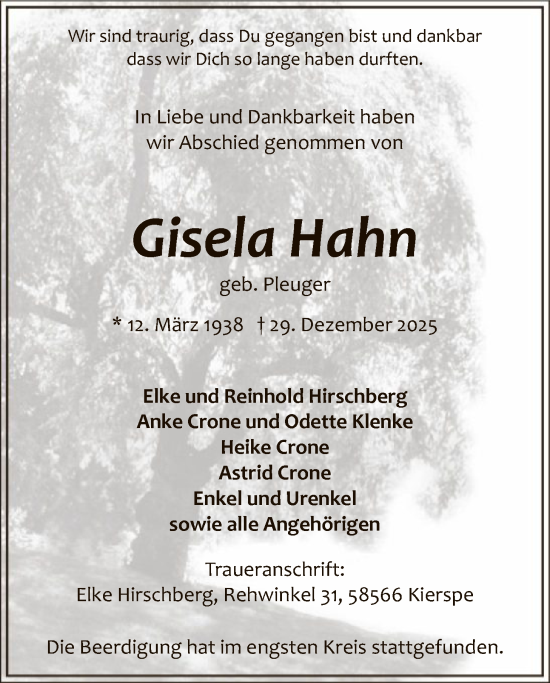 Traueranzeige von Gisela Hahn von HALN