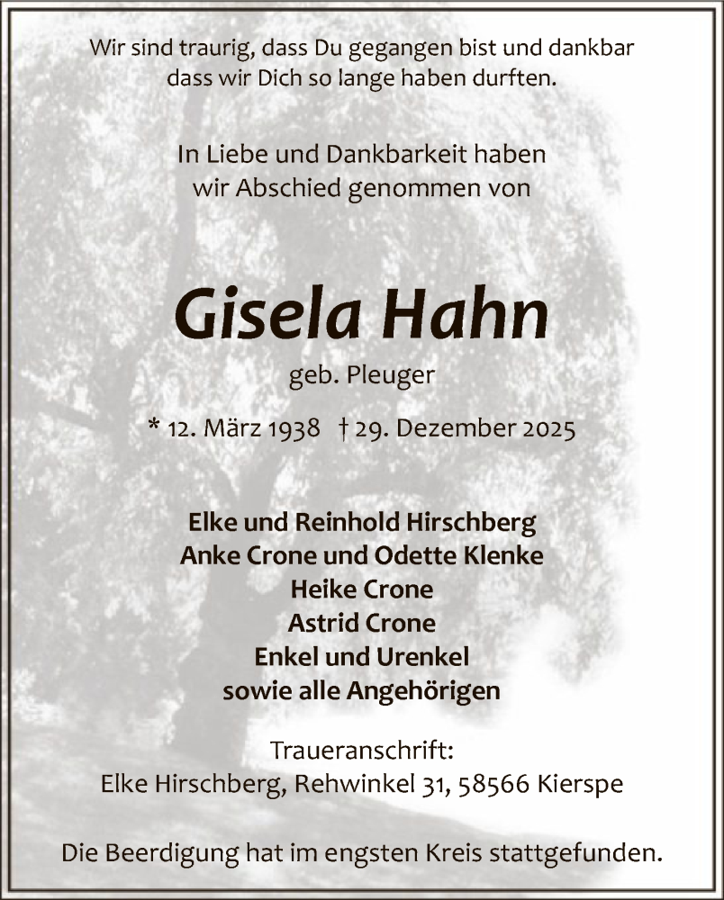  Traueranzeige für Gisela Hahn vom 10.01.2026 aus HALN