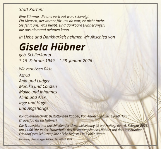 Traueranzeige von Gisela Hübner von HAWA