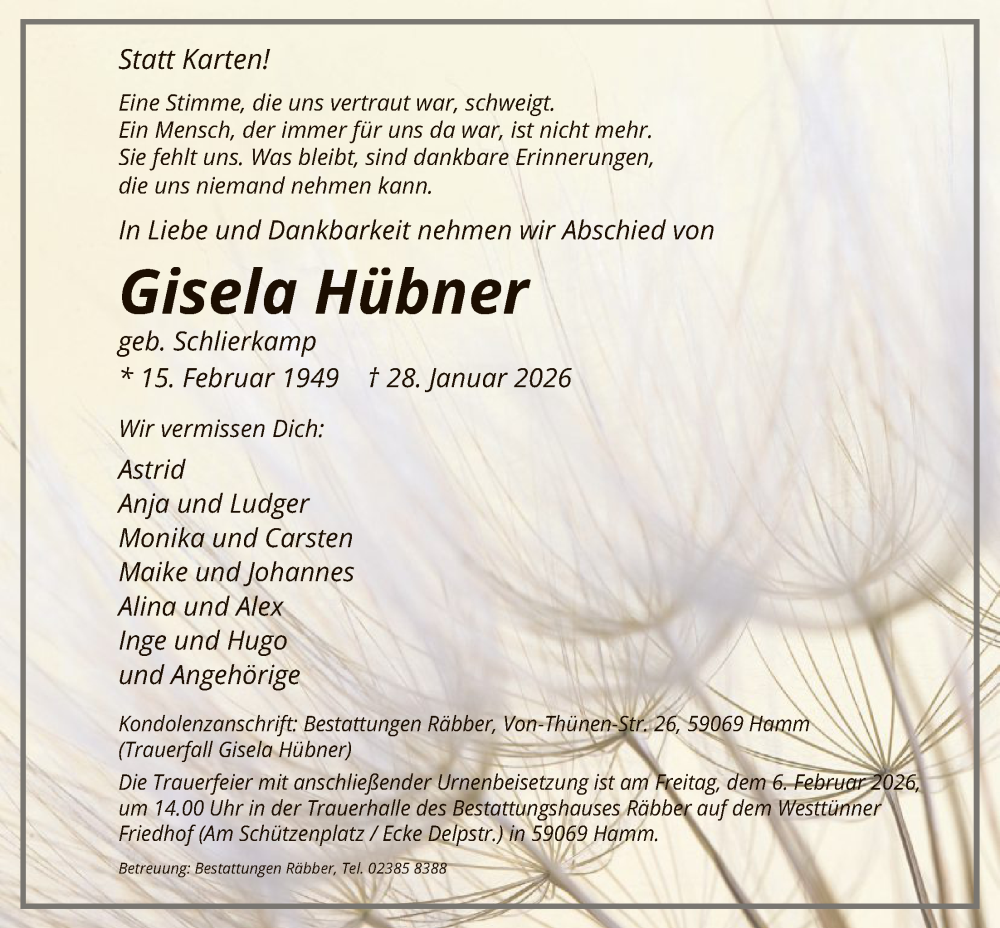  Traueranzeige für Gisela Hübner vom 31.01.2026 aus HAWA