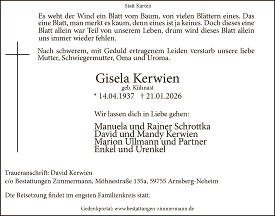 Traueranzeige von Gisela Kerwien von HASK