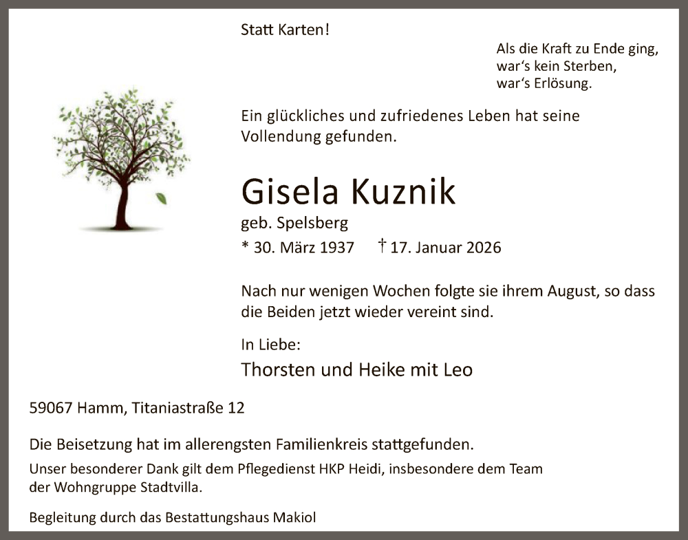  Traueranzeige für Gisela Kuznik vom 24.01.2026 aus HAWAHASO