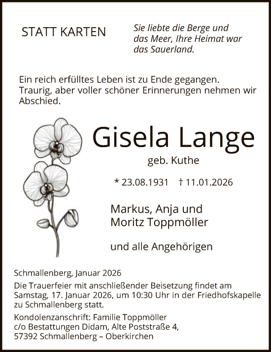 Traueranzeige von Gisela Lange von HASK