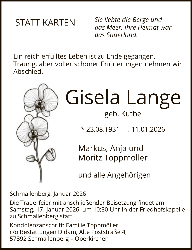  Traueranzeige für Gisela Lange vom 17.01.2026 aus HASK