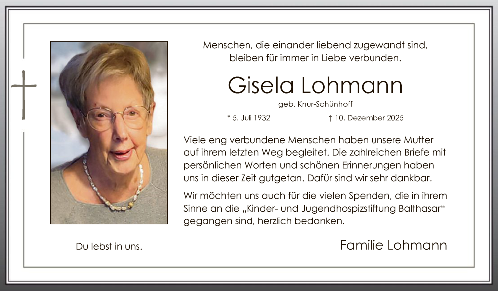  Traueranzeige für Gisela Lohmann vom 10.01.2026 aus HASK