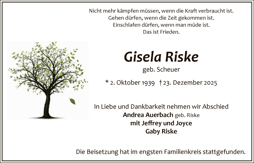  Traueranzeige für Gisela Riske vom 28.01.2026 aus HALN