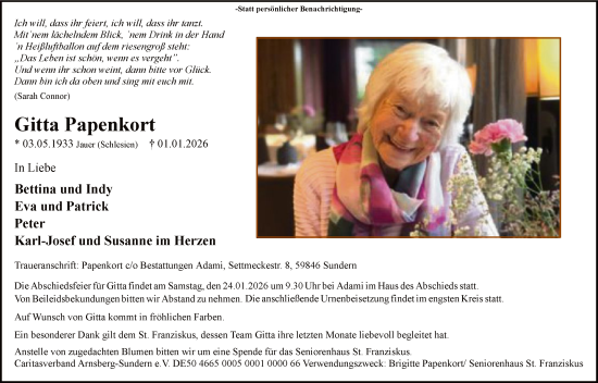 Traueranzeige von Gitta Papenkort von HASK