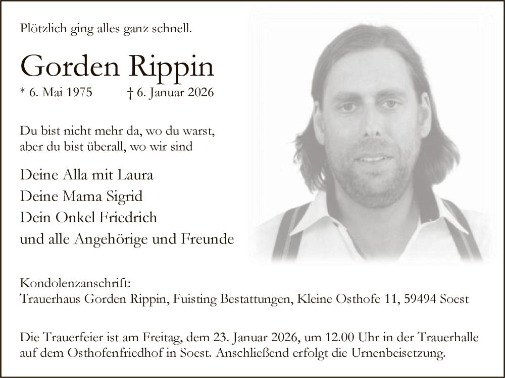  Traueranzeige für Gorden Rippin vom 10.01.2026 aus HASO