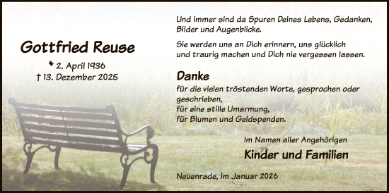 Traueranzeige von Gottfried Reuse von HALN