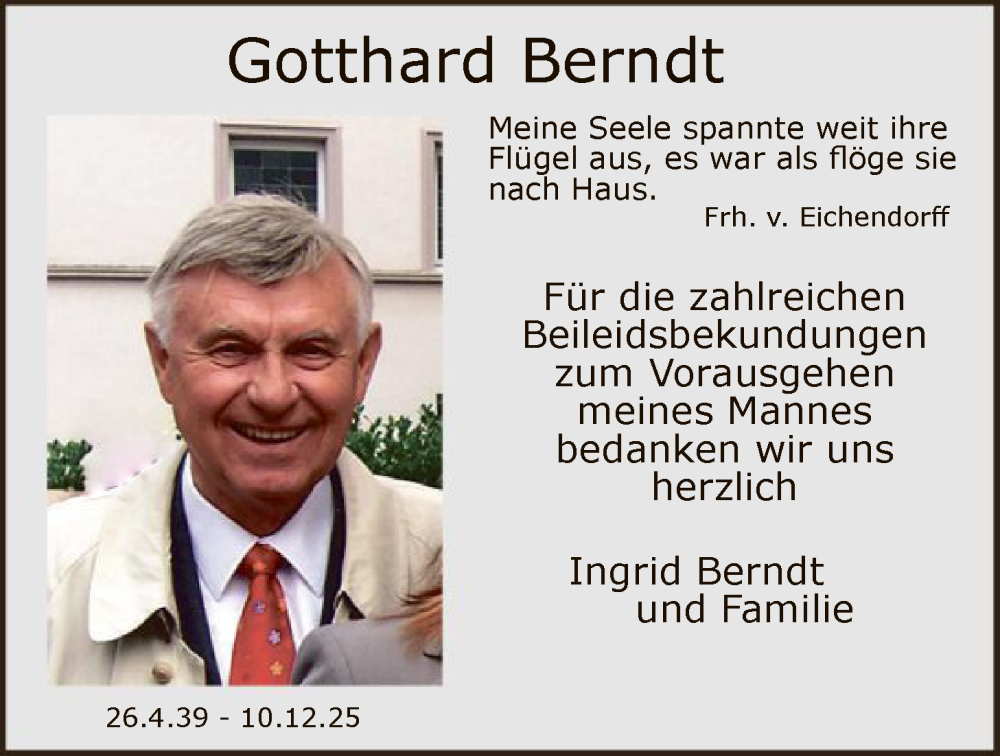  Traueranzeige für Gotthard Berndt vom 10.01.2026 aus HALN