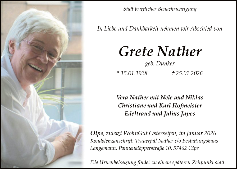  Traueranzeige für Grete Nather vom 31.01.2026 aus HASK