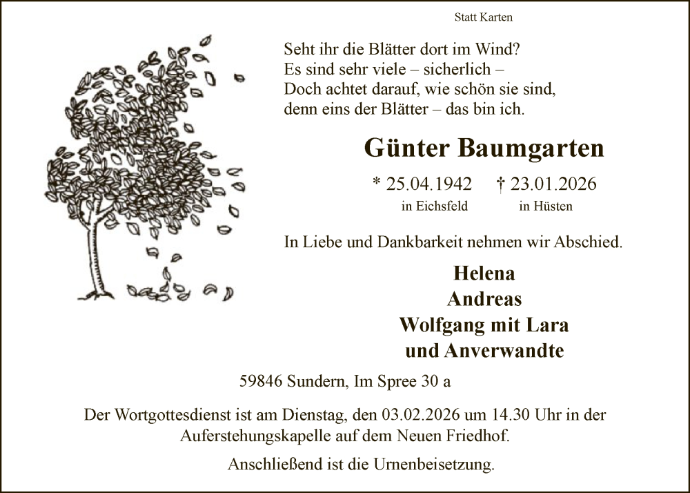  Traueranzeige für Günter Baumgarten vom 31.01.2026 aus HASK