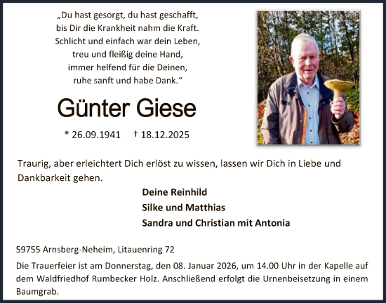 Traueranzeige von Günter Giese von HASK