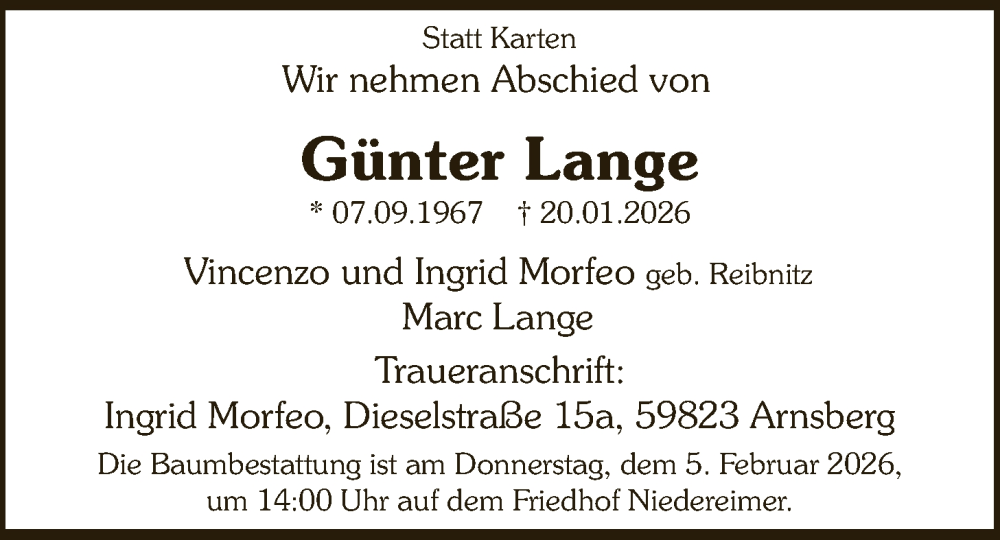  Traueranzeige für Günter Lange vom 31.01.2026 aus HASK