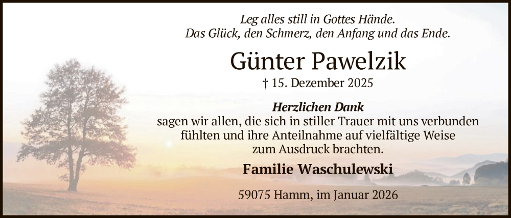  Traueranzeige für Günter Pawelzik vom 17.01.2026 aus HAWA