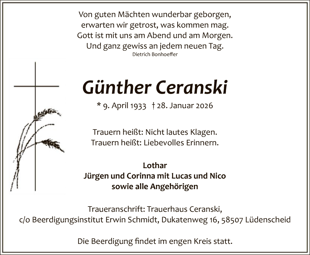  Traueranzeige für Günther Ceranski vom 31.01.2026 aus HALN