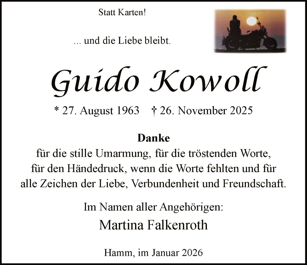  Traueranzeige für Guido Kowoll vom 17.01.2026 aus HAWA