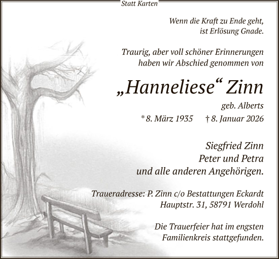 Traueranzeige von Hanneliese Zinn von HALN