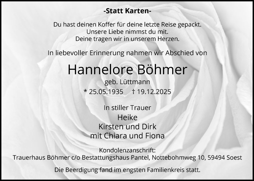  Traueranzeige für Hannelore Böhmer vom 17.01.2026 aus HASO