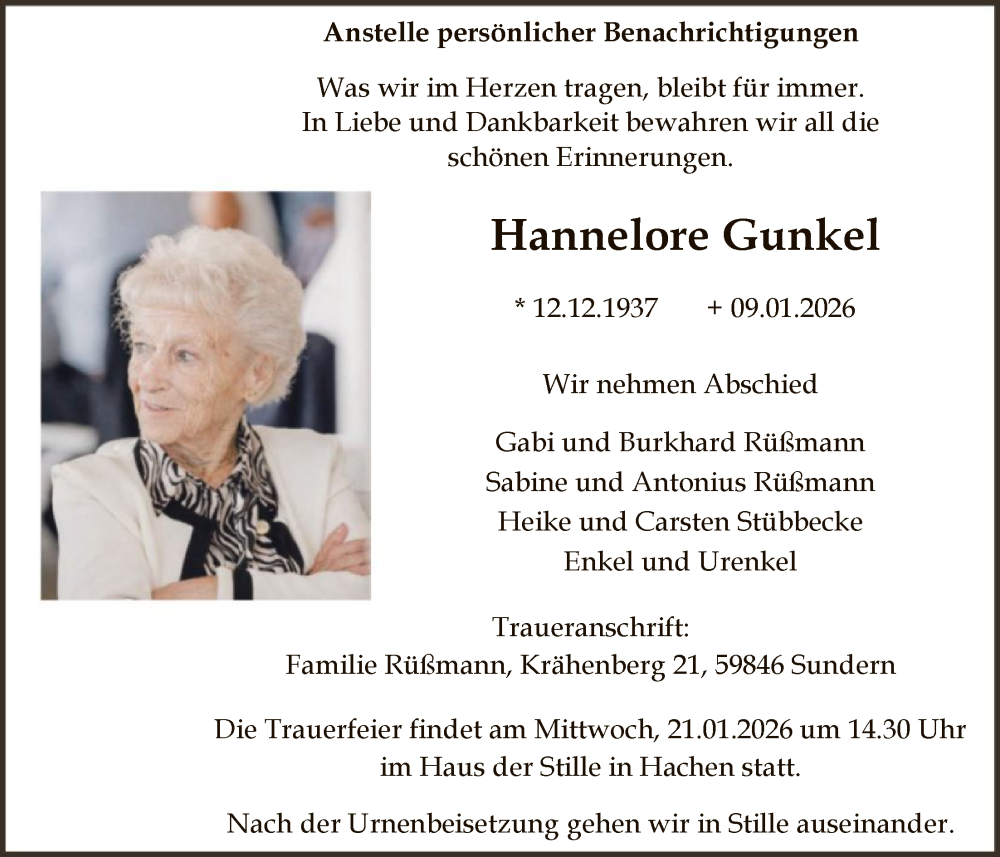  Traueranzeige für Hannelore Gunkel vom 17.01.2026 aus HASK