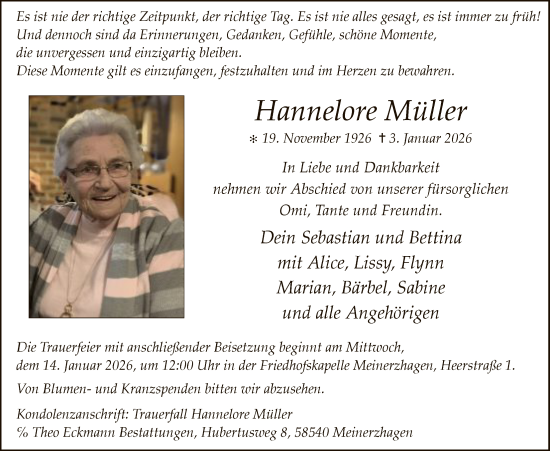 Traueranzeige von Hannelore Müller von HALN