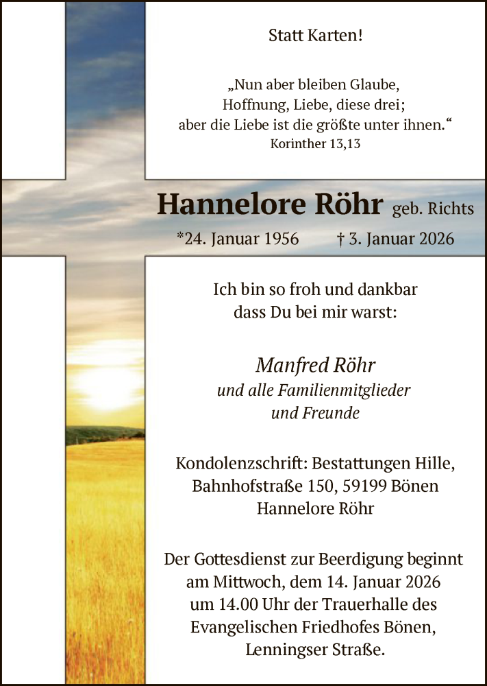  Traueranzeige für Hannelore Röhr vom 10.01.2026 aus HAWA